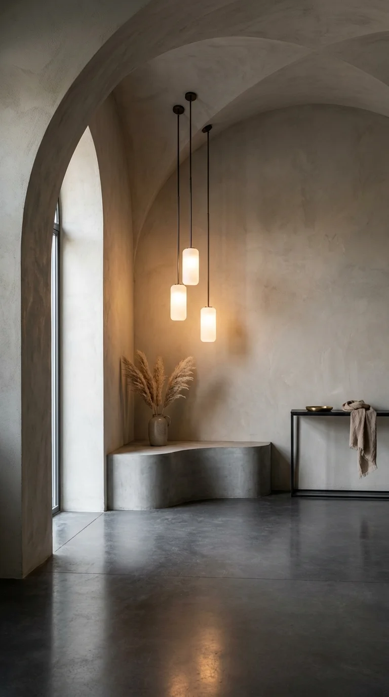 Three frosted glass cylinder pendants staggered above a curved plaster bench