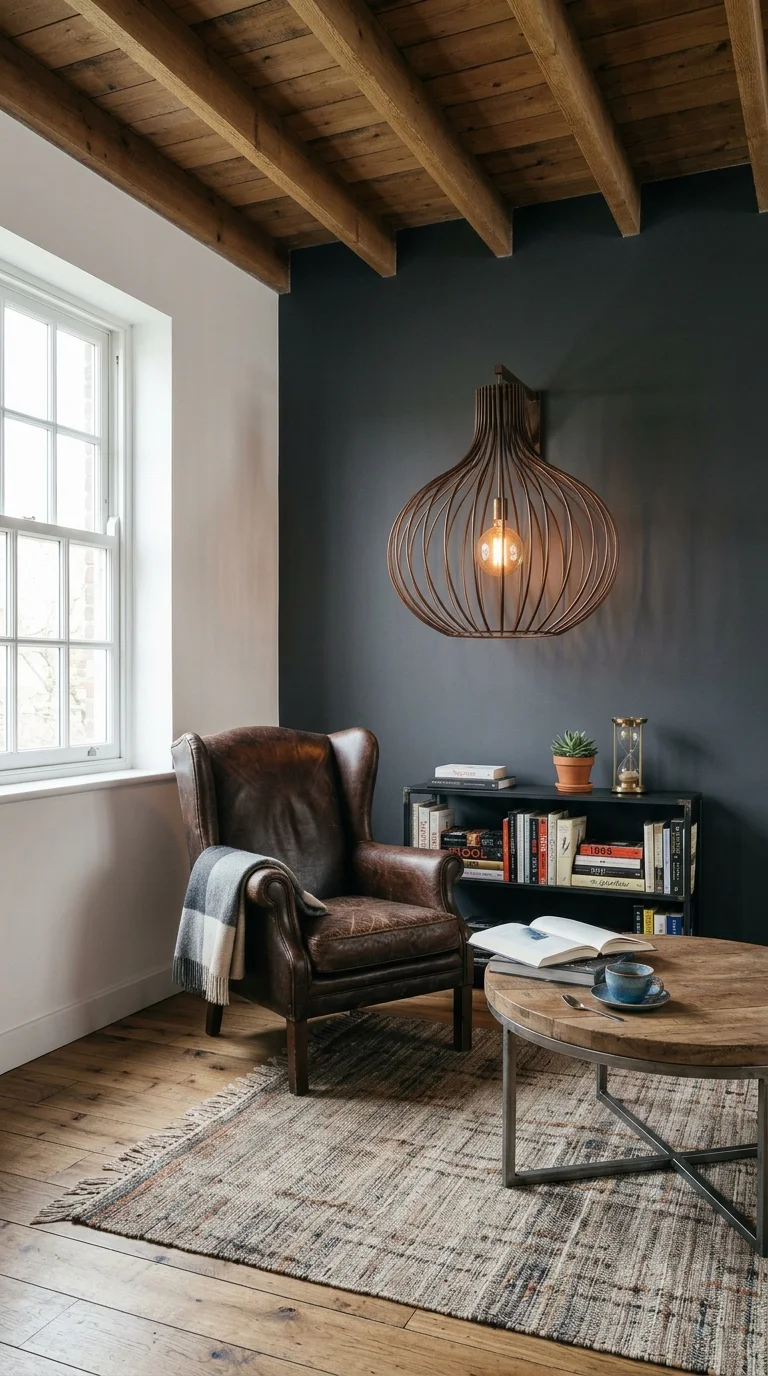 Wire cage wall sconce lighting a leather wingback chair reading corner