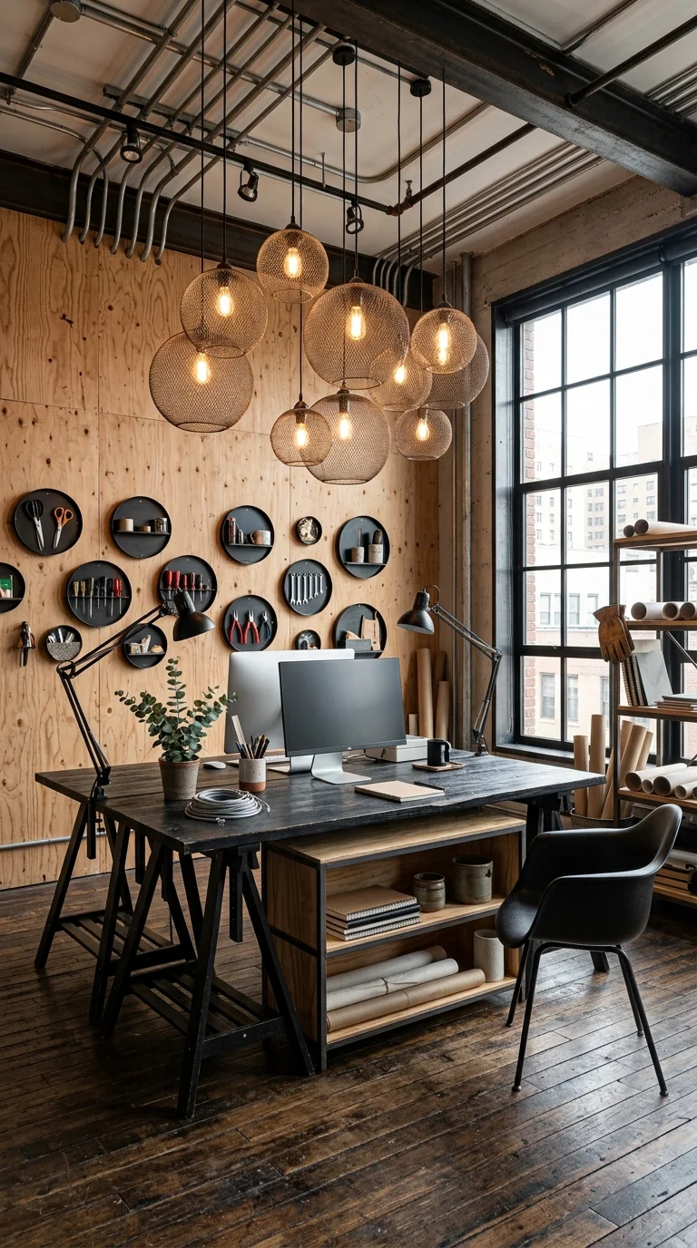 Cluster of wire mesh globe pendants hanging over an industrial drafting desk