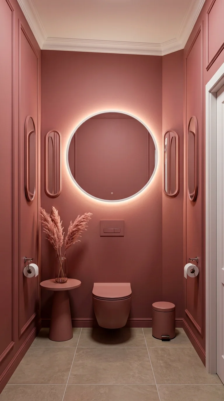 Dusty rose powder room with a round backlit LED mirror and pampas grass