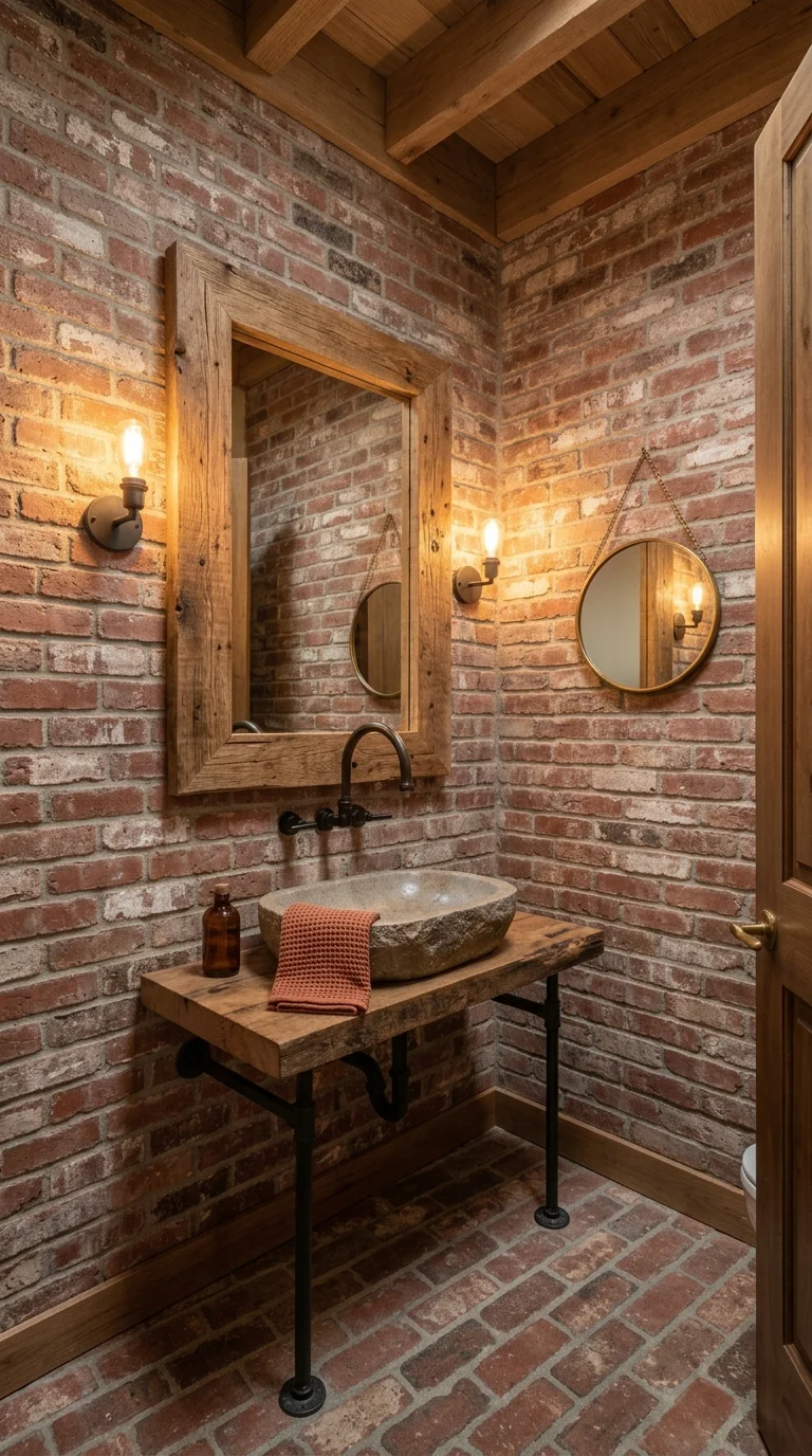 Rustic reclaimed brick powder room with a wood framed mirror and stone vessel sink
