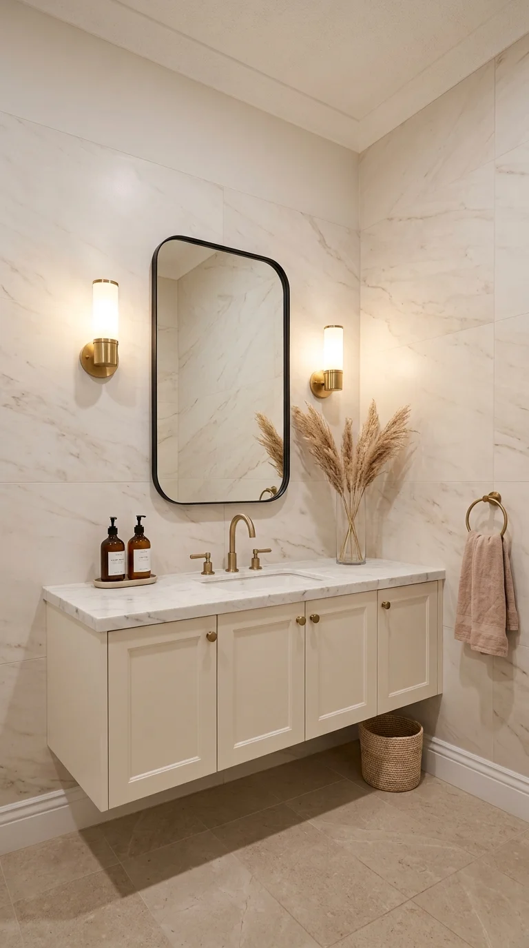 Cream marble powder room with a black framed mirror and brass wall sconces