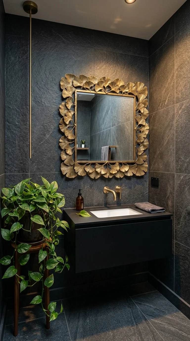 Dark stone powder room with a gold ginkgo leaf mirror and trailing pothos plant