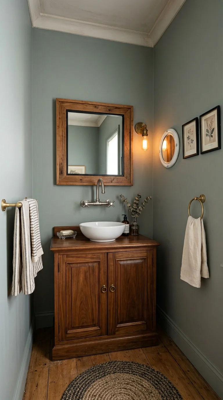 Sage green powder room with a wood framed mirror and botanical print gallery wall