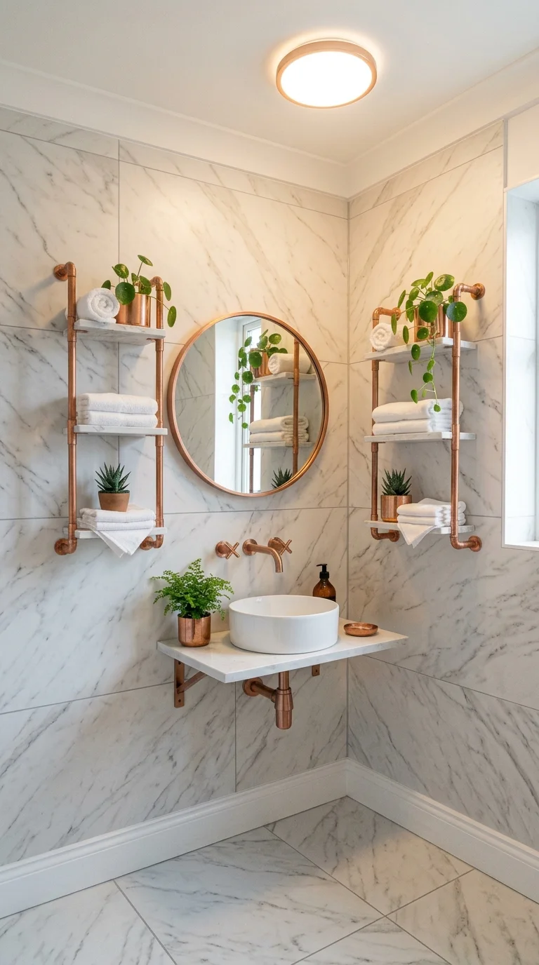 White marble powder room with a round copper framed mirror and copper pipe shelving