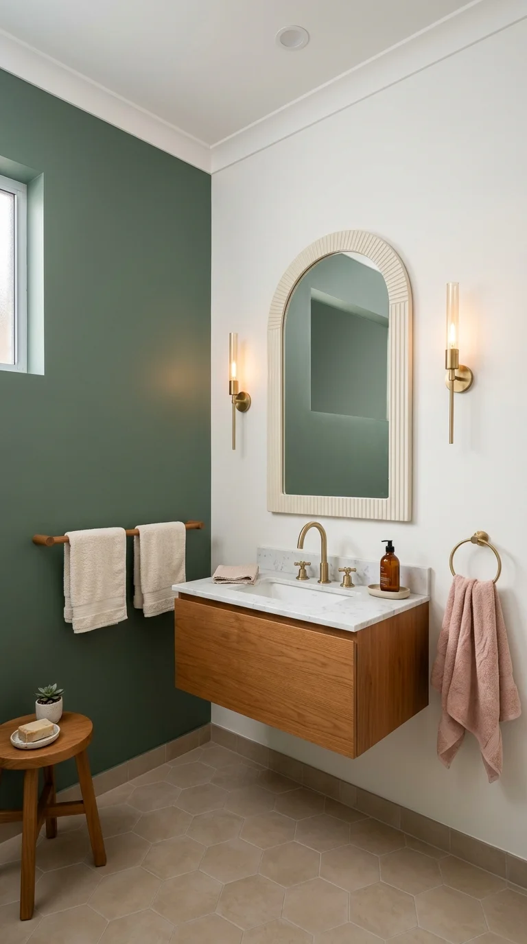 Green and white powder room with a cream ribbed arched mirror and brass sconces