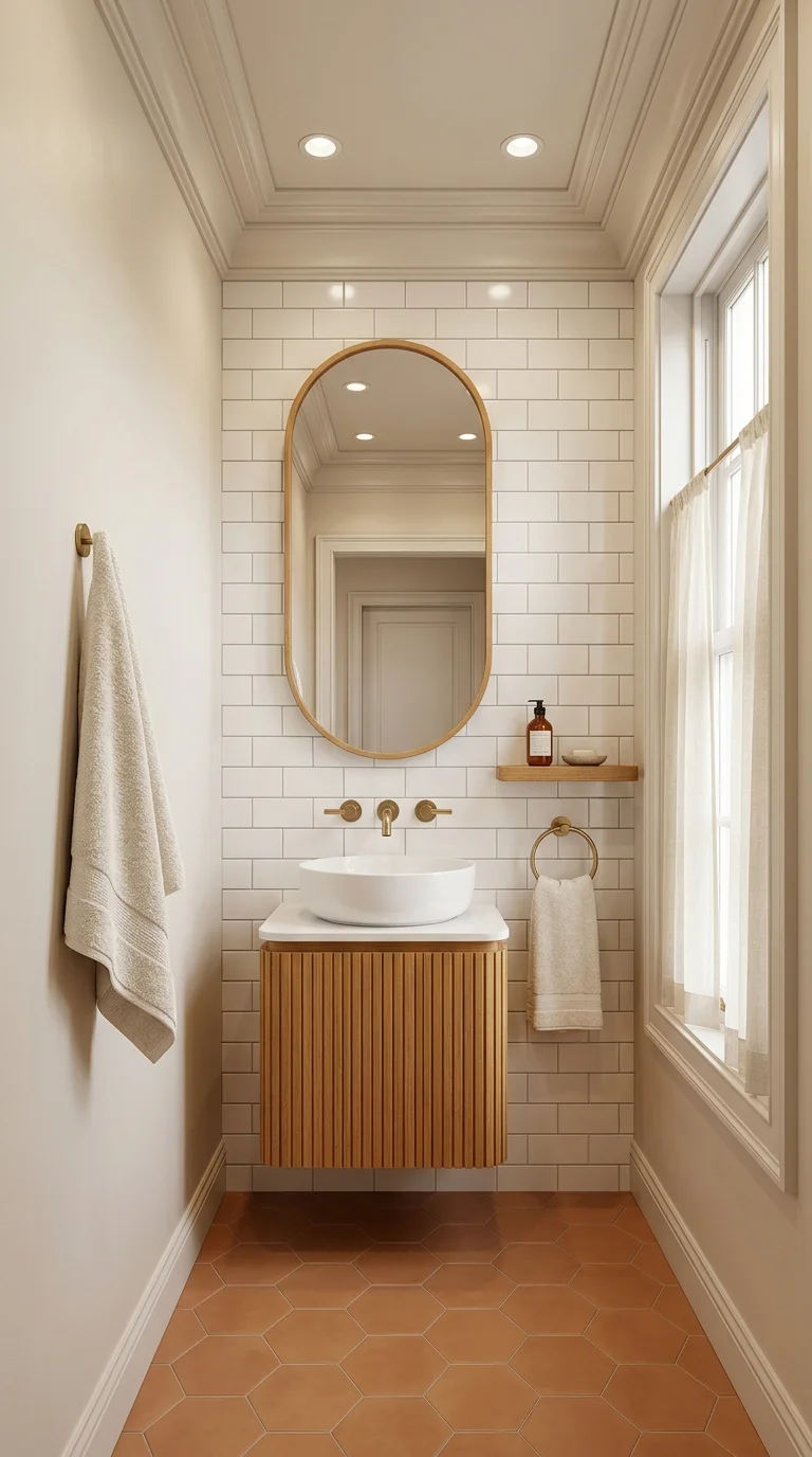 White subway tile powder room with an oval wood framed mirror and terracotta floor