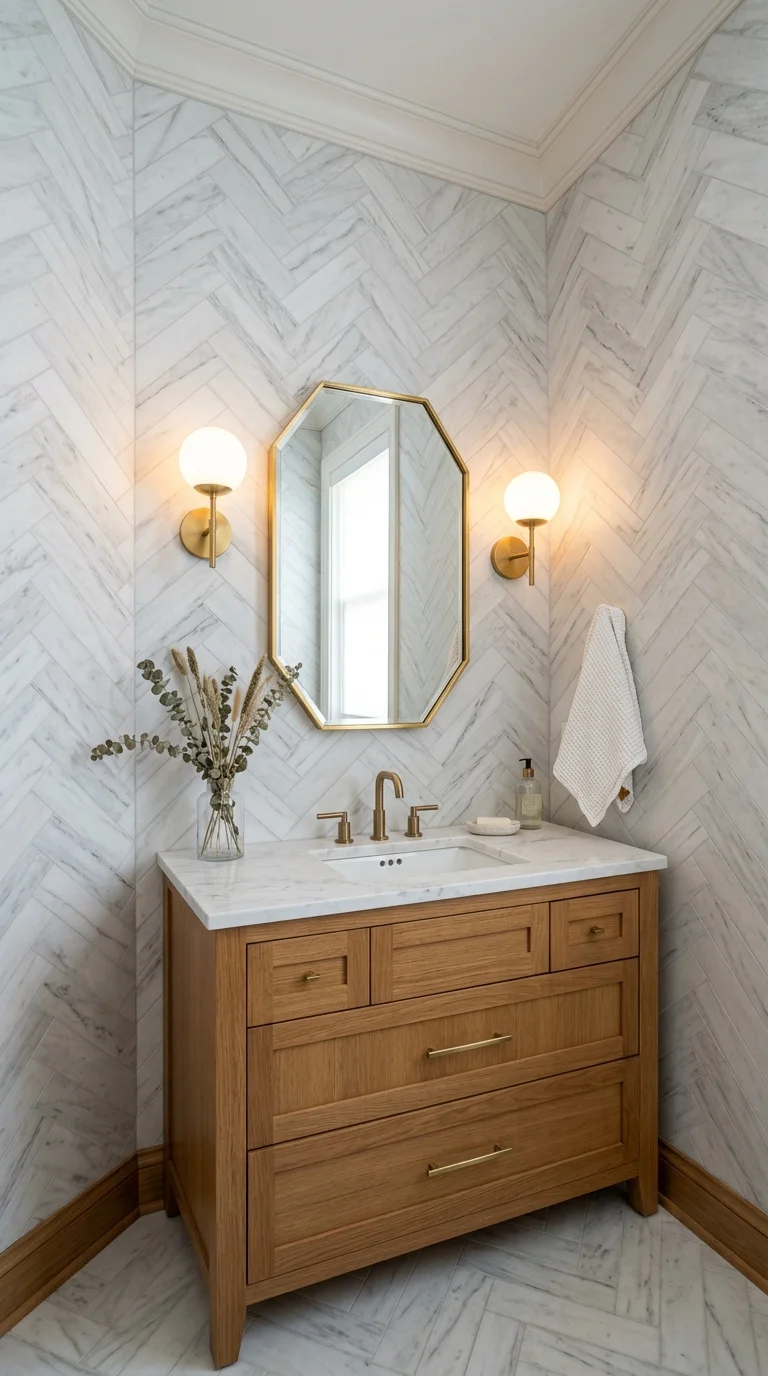 White herringbone marble powder room with an octagonal brass framed mirror and sconces