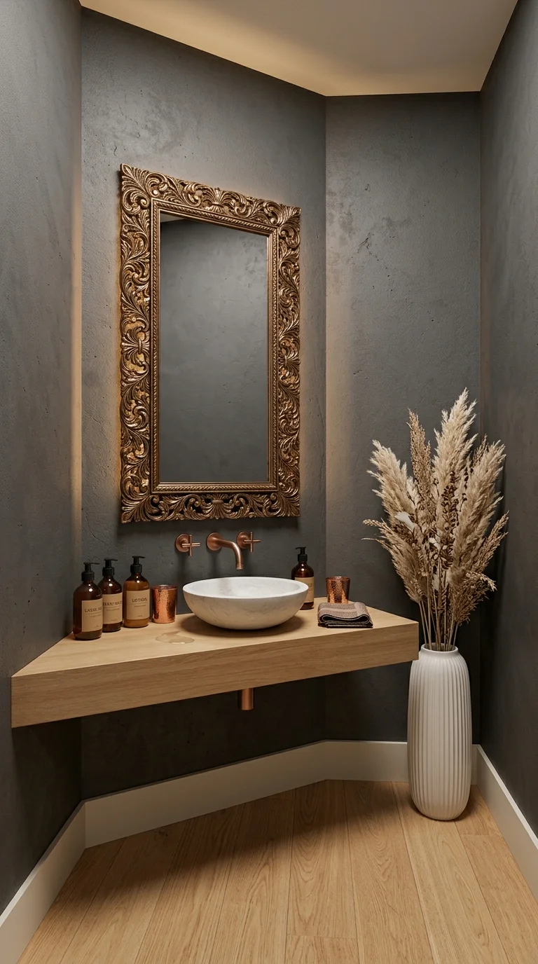 Dark charcoal powder room with an ornate gold baroque mirror and pampas grass vase