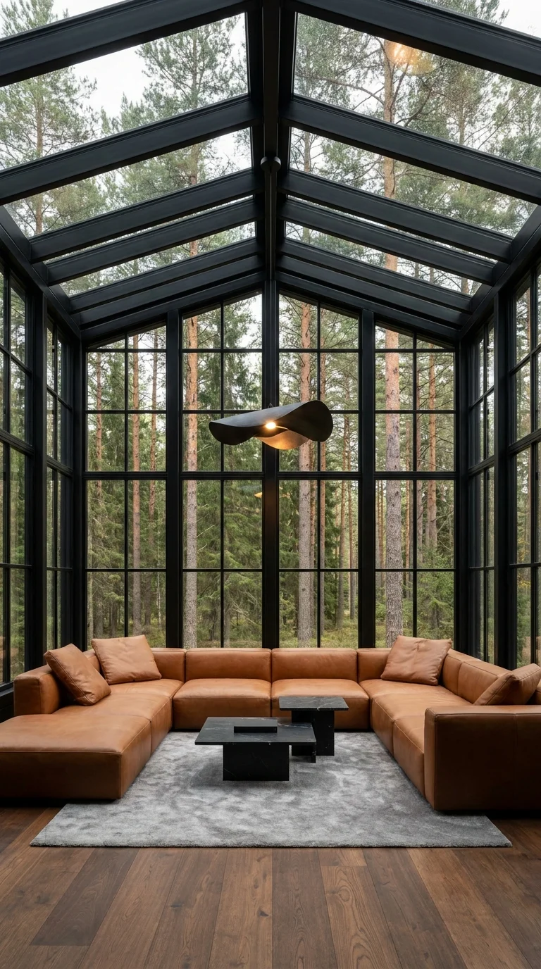 Glass gable sunroom with steel trusses and an oversized cognac leather sectional