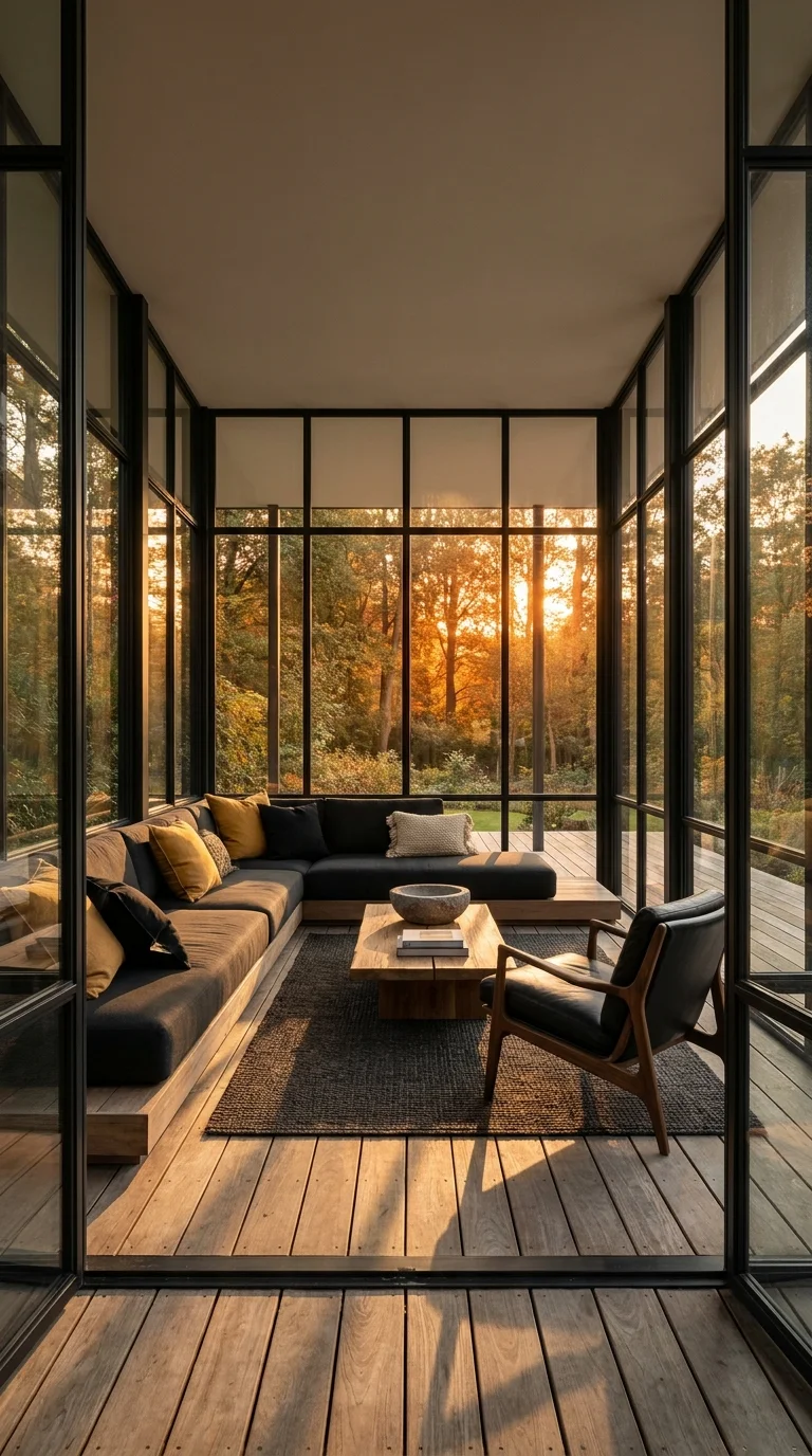 Narrow glass sunroom corridor with built-in bench seating at golden hour