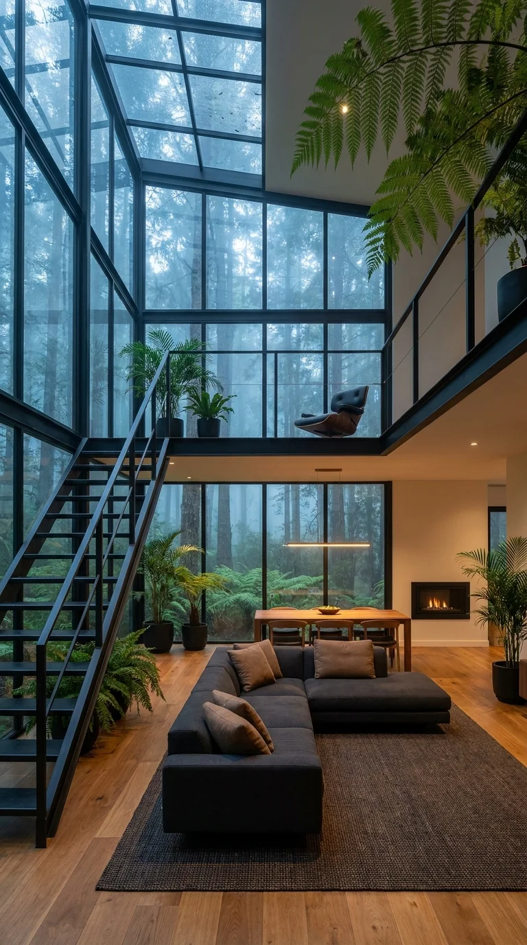 Two-story glass atrium with black staircase and fern-lined balcony above the living room