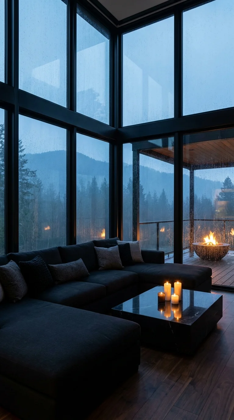 Black-framed sunroom windows streaked with rain beside a glowing outdoor fire bowl