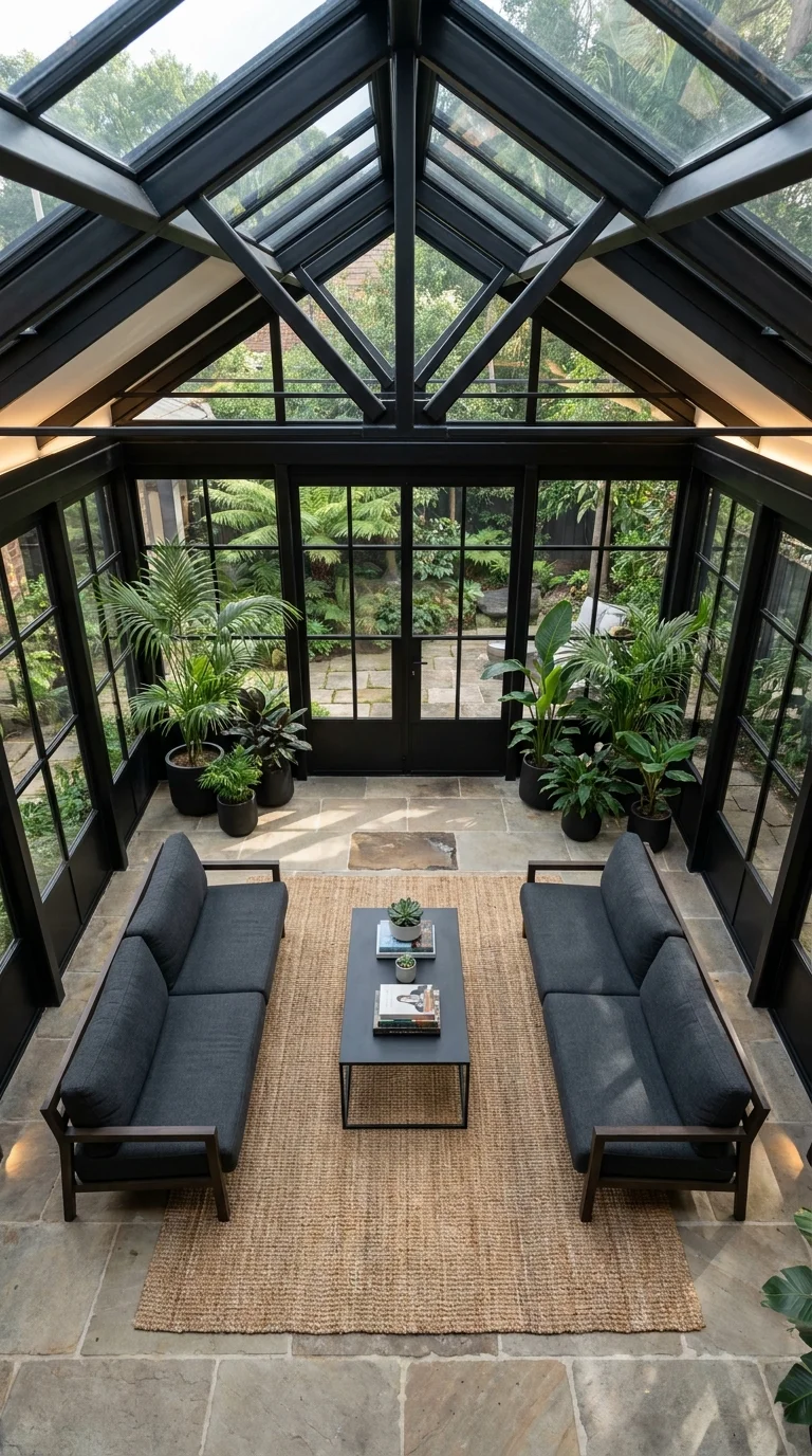 Overhead view of a symmetrical glass gable sunroom with facing sofas and garden doors