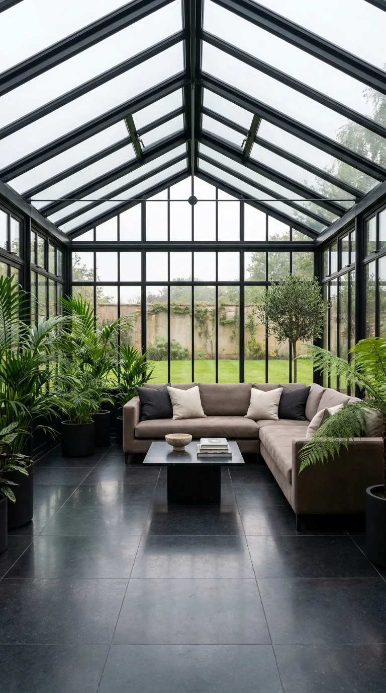Glossy black tiled sunroom floor reflecting potted palms and glass roof vents