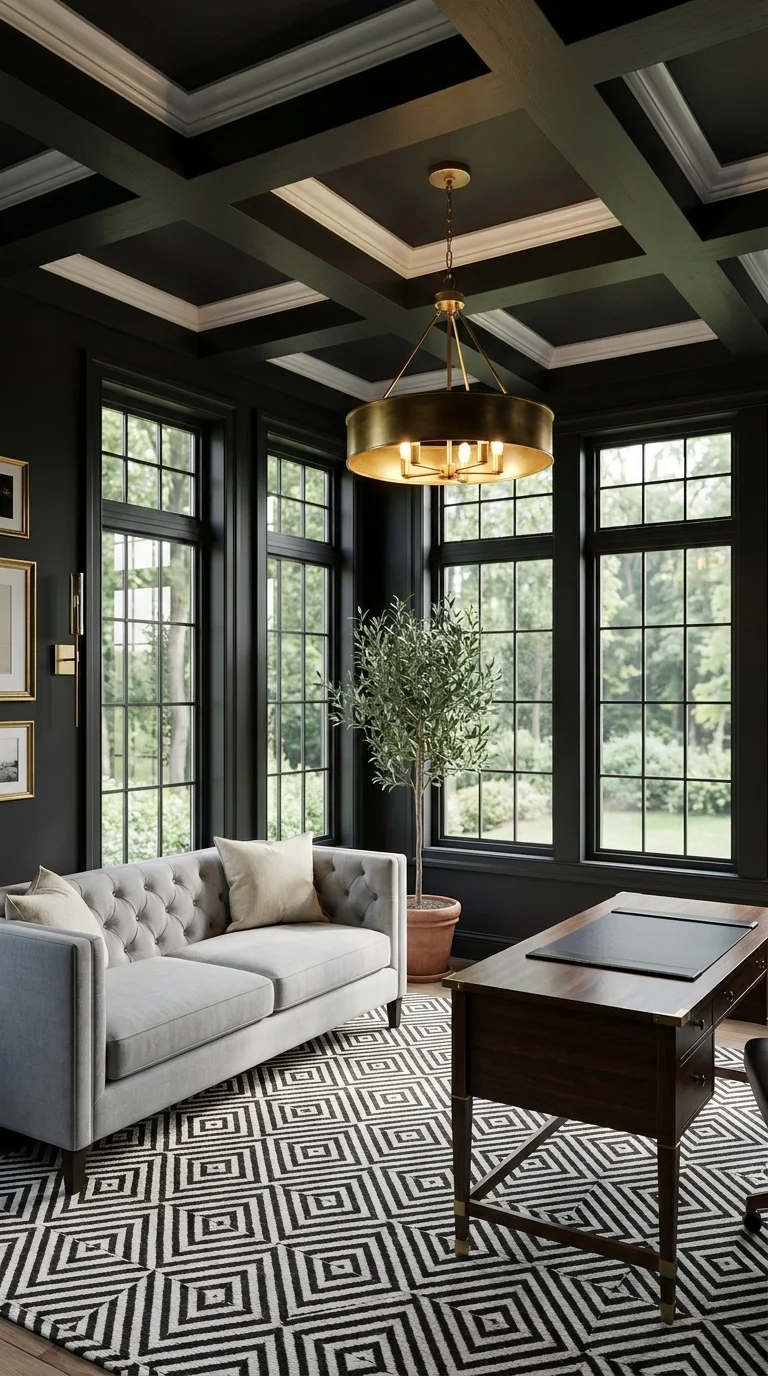 Black-walled home office with coffered ceiling, brass chandelier, and garden-facing windows