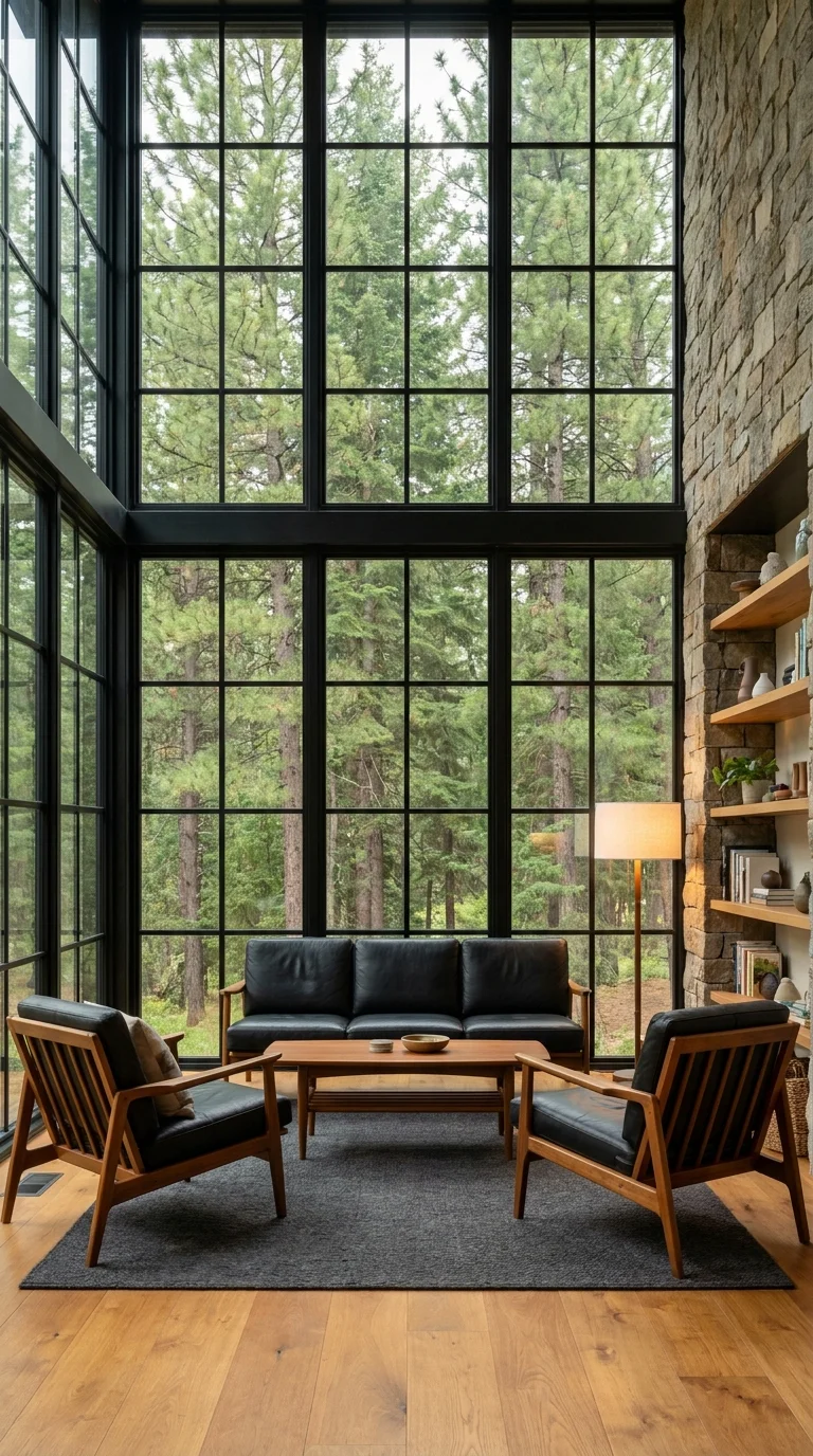 Two-story window wall with black mullions framing a pine forest beyond stone and wood