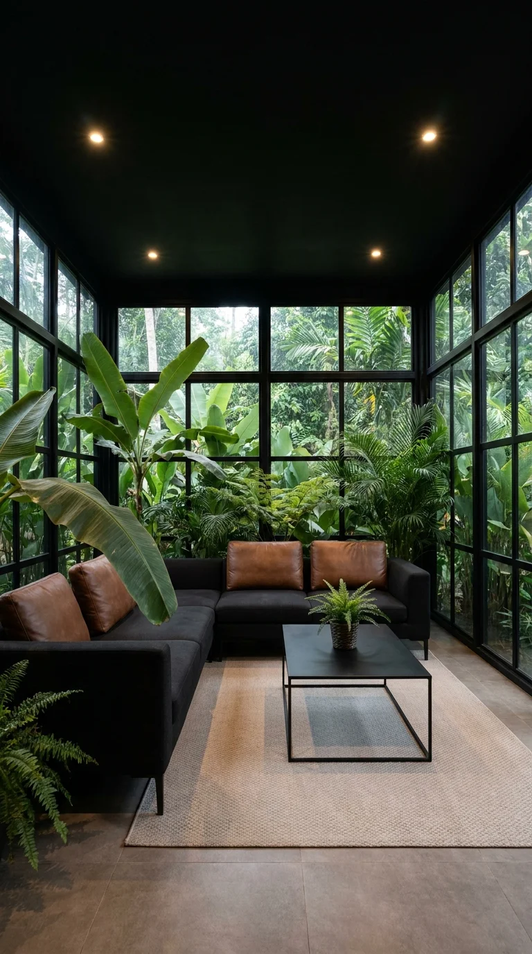 Black-ceilinged tropical sunroom surrounded by banana leaves and dense green foliage
