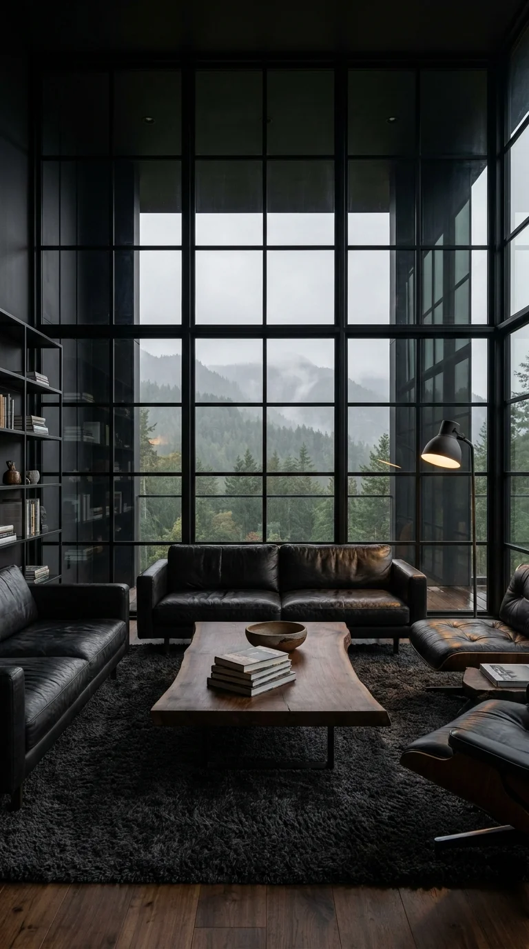 Black steel bookshelf and leather sofas facing misty mountain views through glass walls