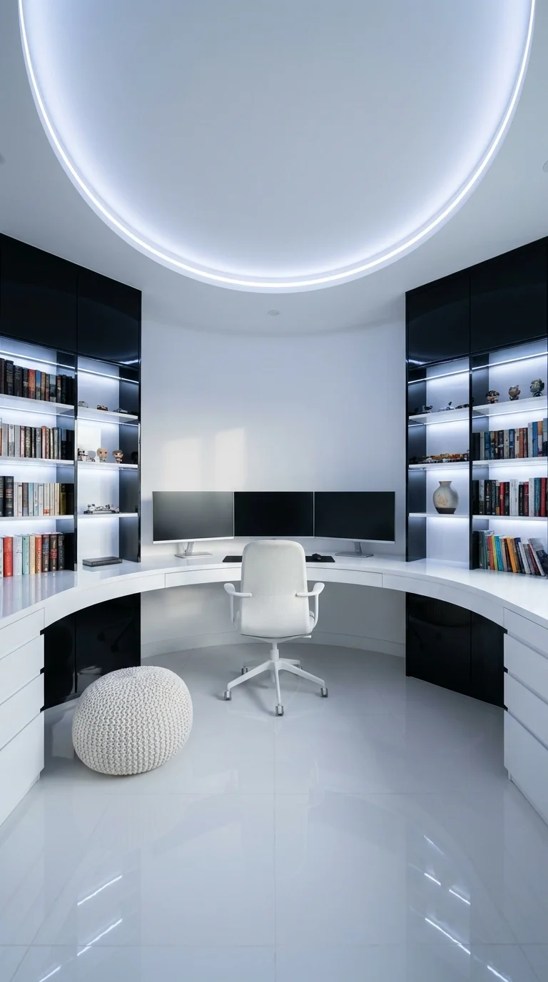 Curved built-in desk pod with glossy black cabinetry and a ceiling ring light