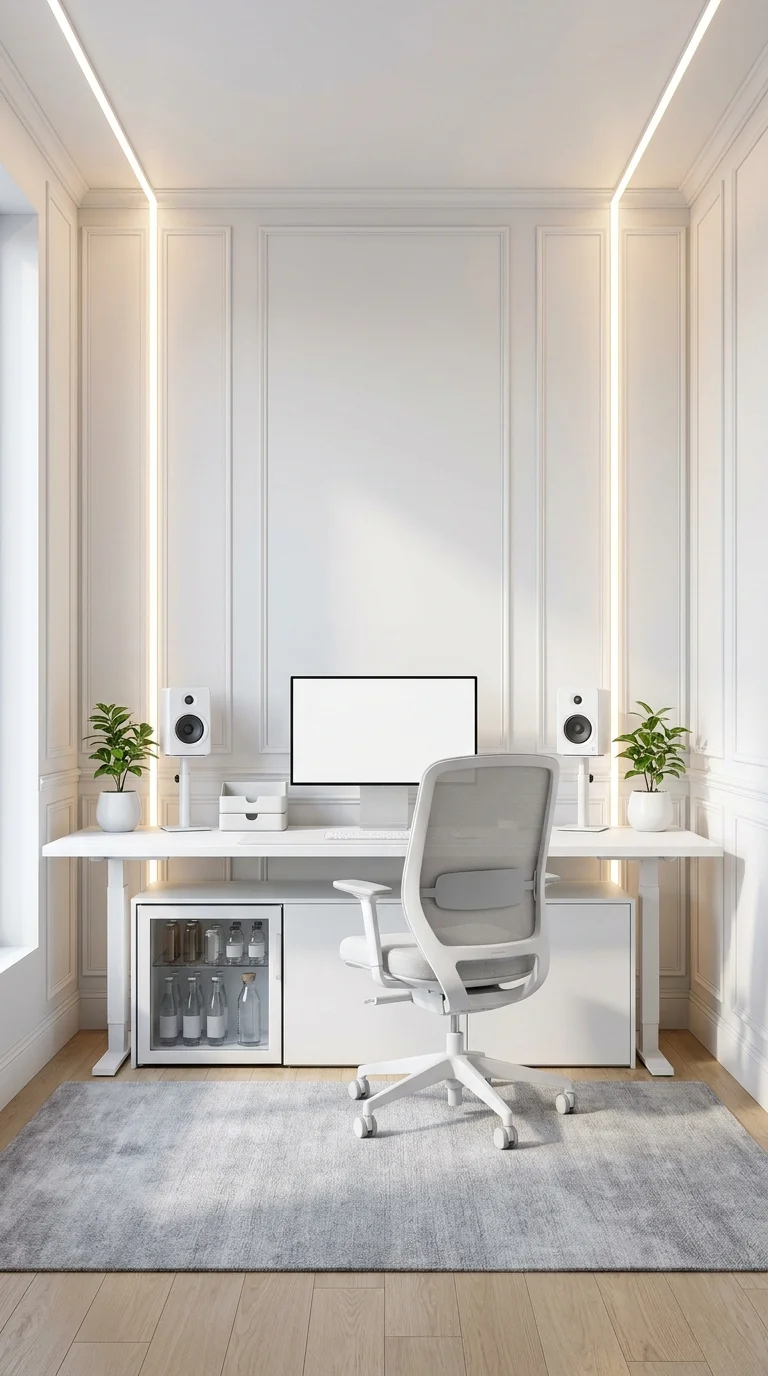 Symmetrical white home office with matching panel molding and a mini fridge