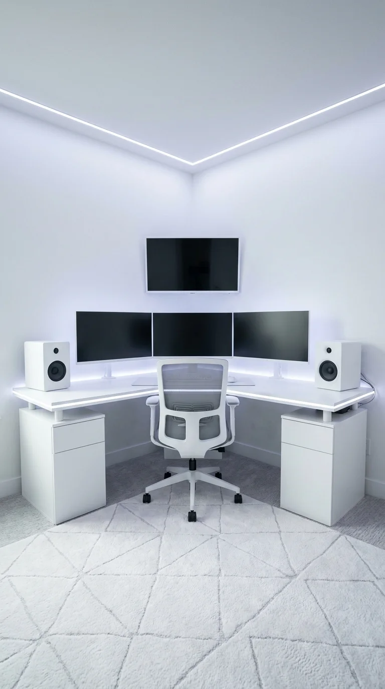 White corner desk setup with three curved monitors and a wall-mounted TV