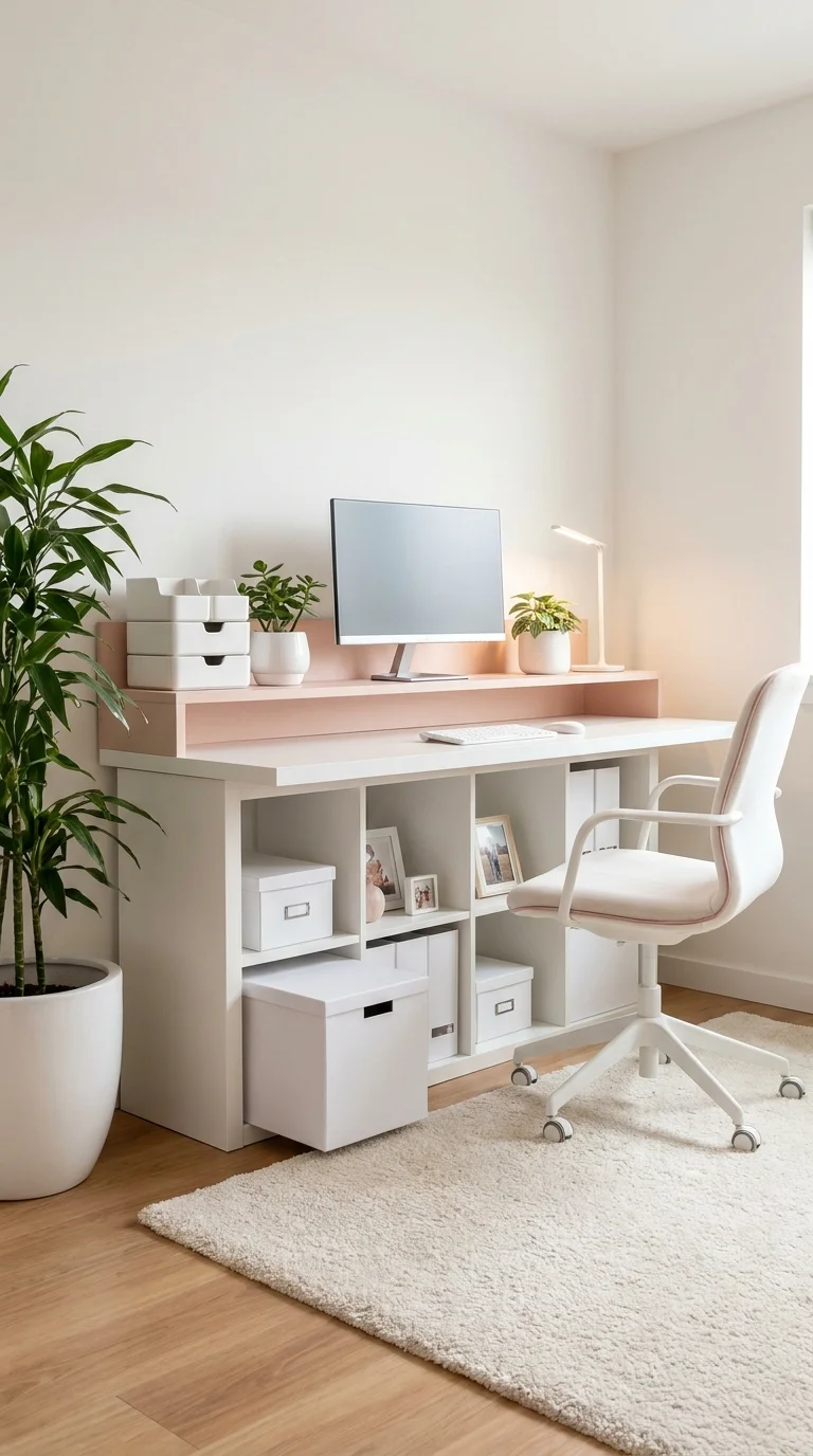 Blush pink desktop resting on white modular cube storage shelving