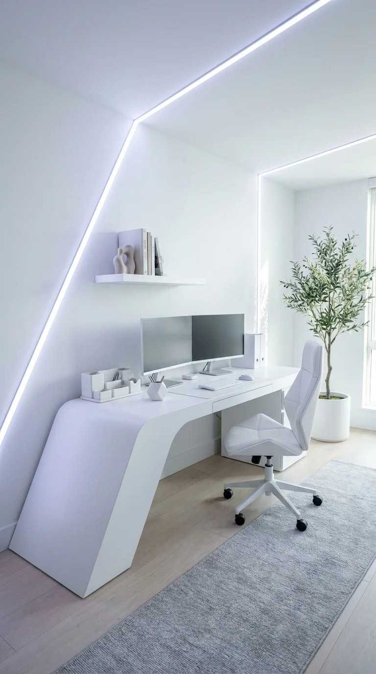 Sculptural white desk flowing from an angled wall into a low platform base