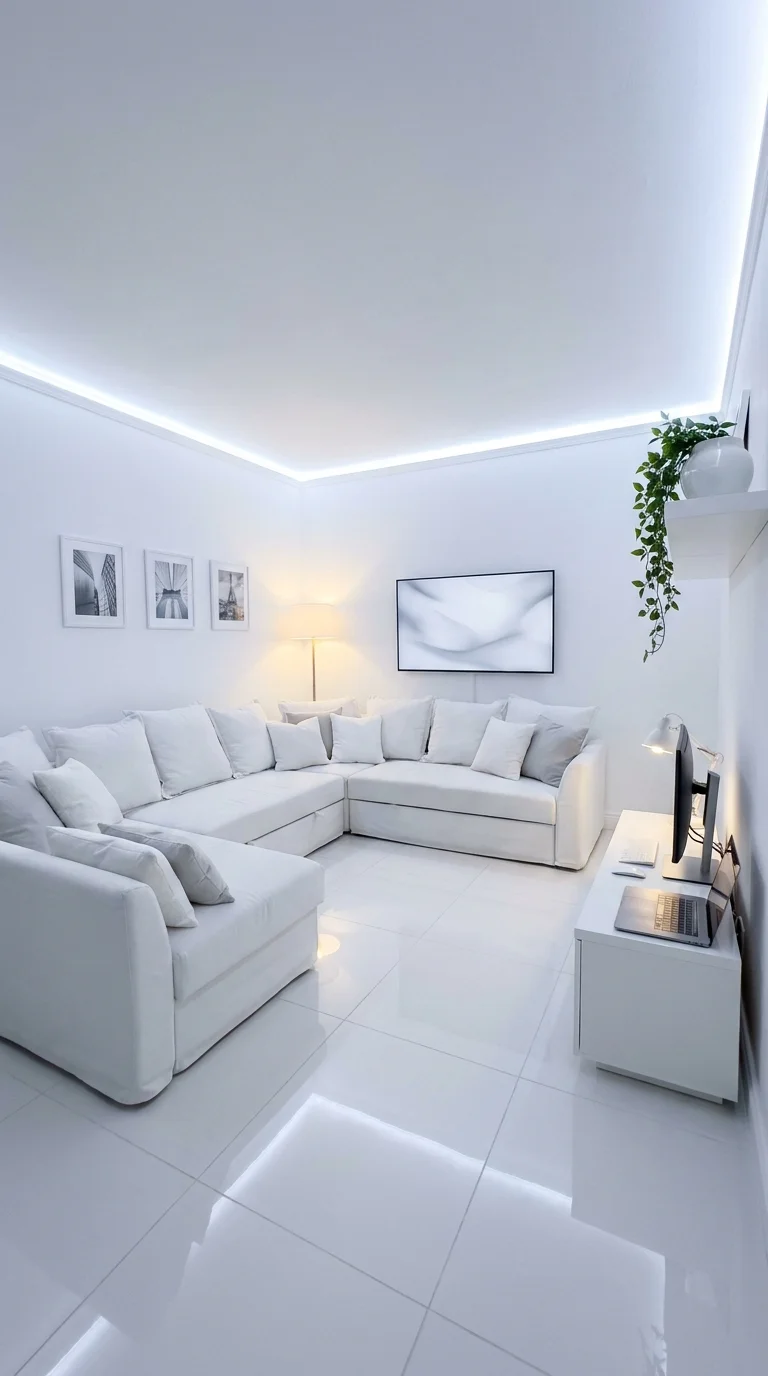 Slim white console desk tucked into a corner of a living room