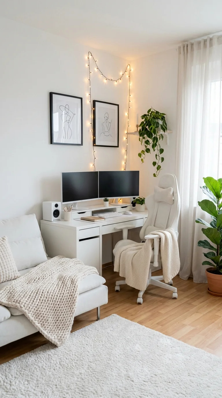Cozy white desk corner strung with warm string lights and framed prints