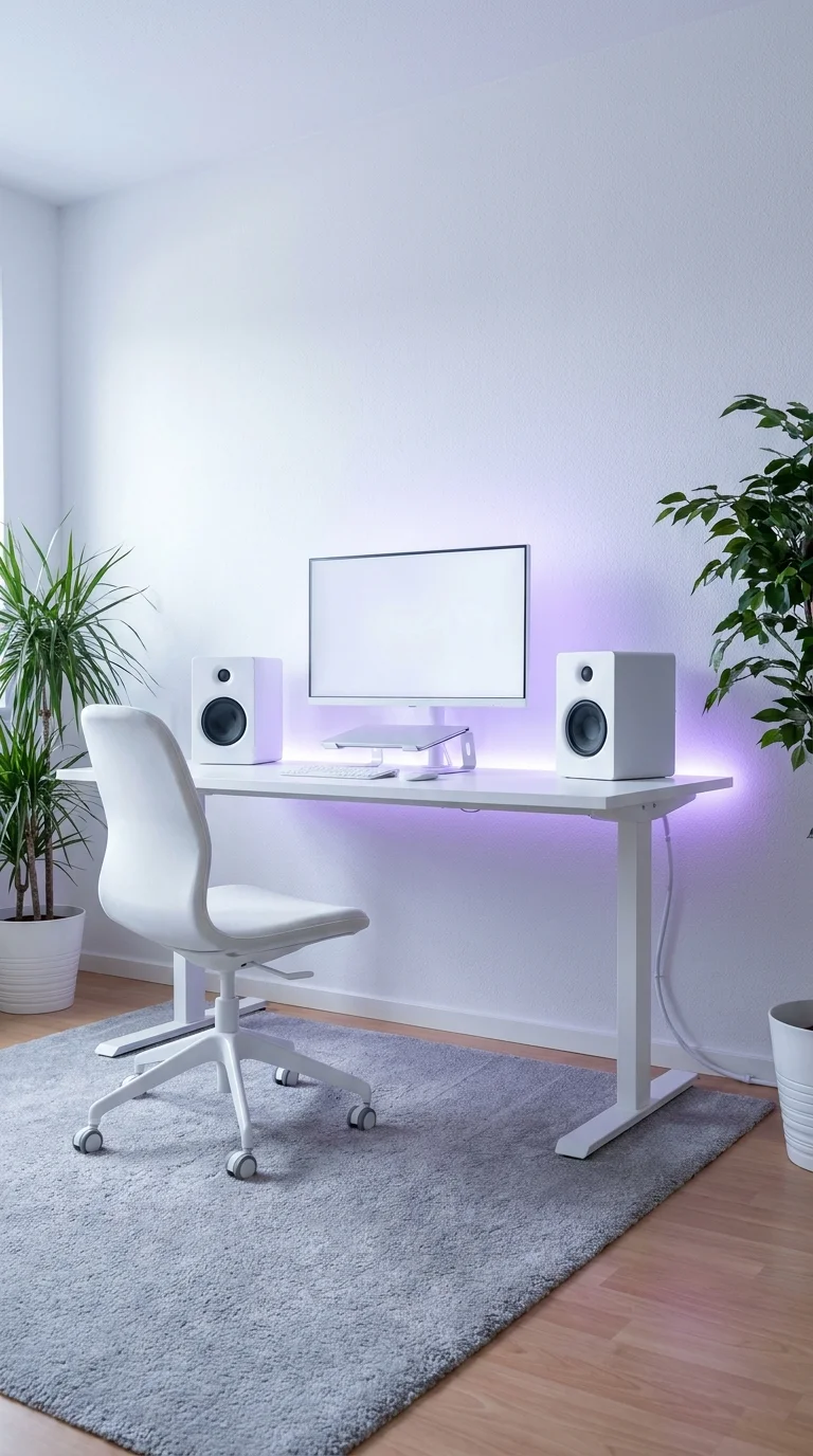 Minimal white standing desk lit entirely by a vivid purple LED wash