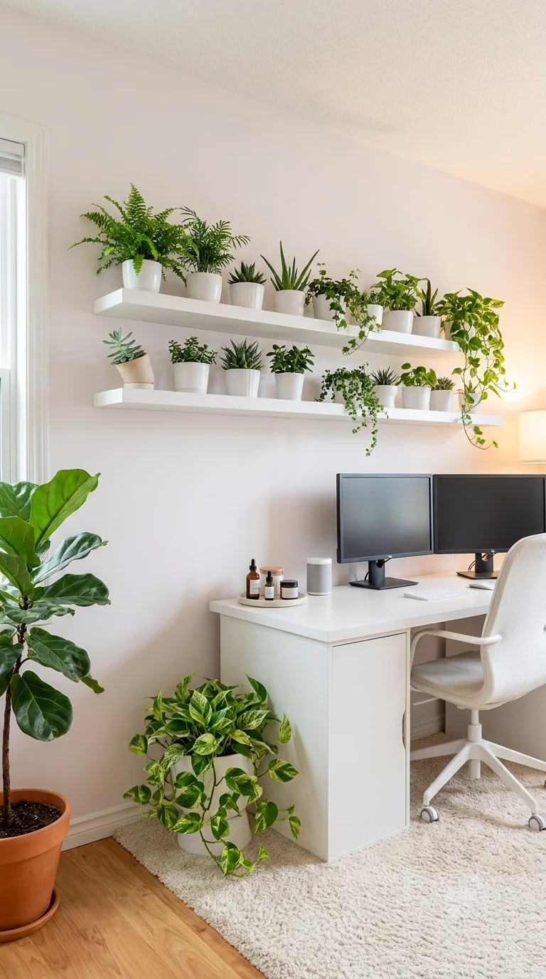 Two planted floating shelves crowded with pots above a simple white desk