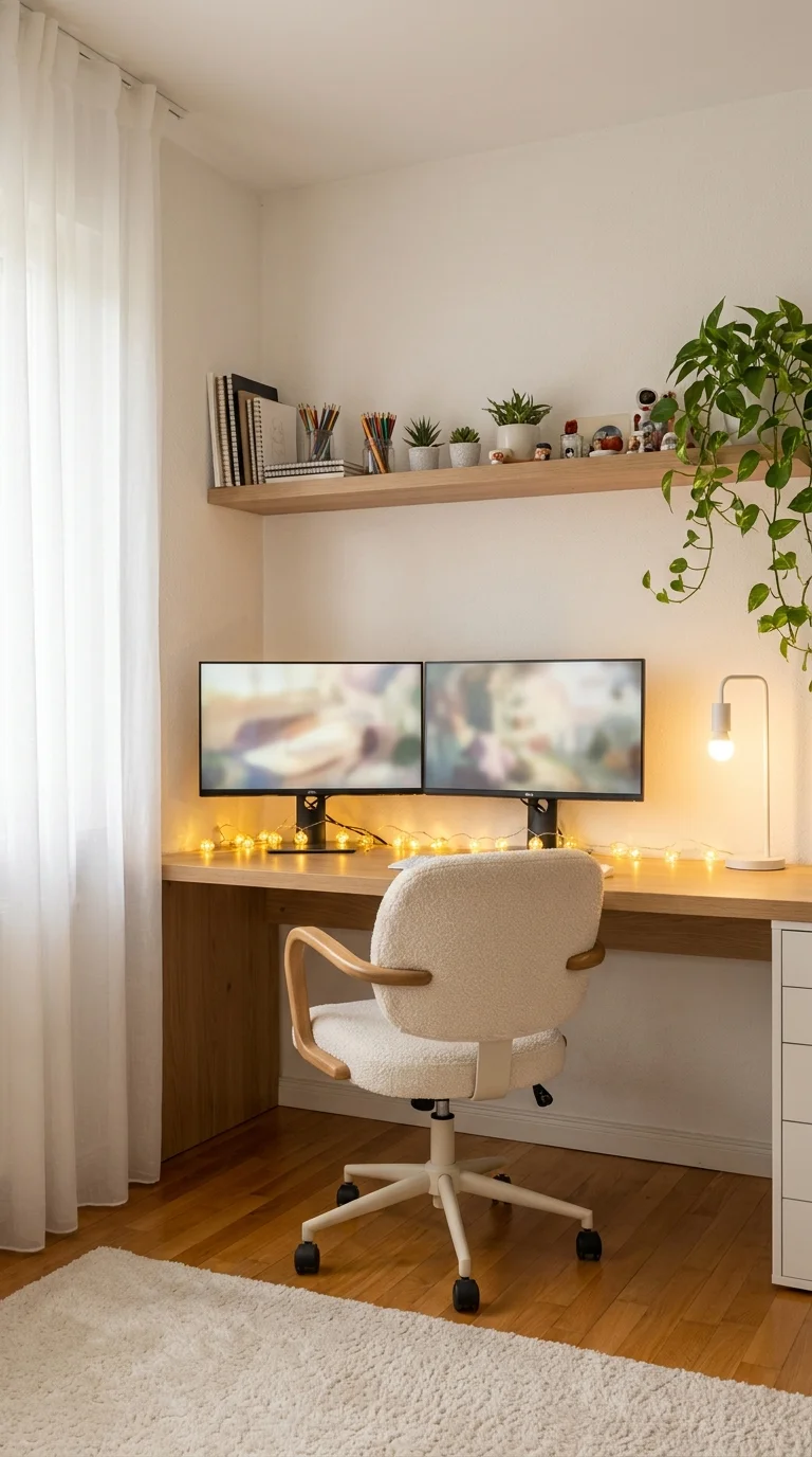 Warm wood floating desk nook with a boucle chair and soft string lights
