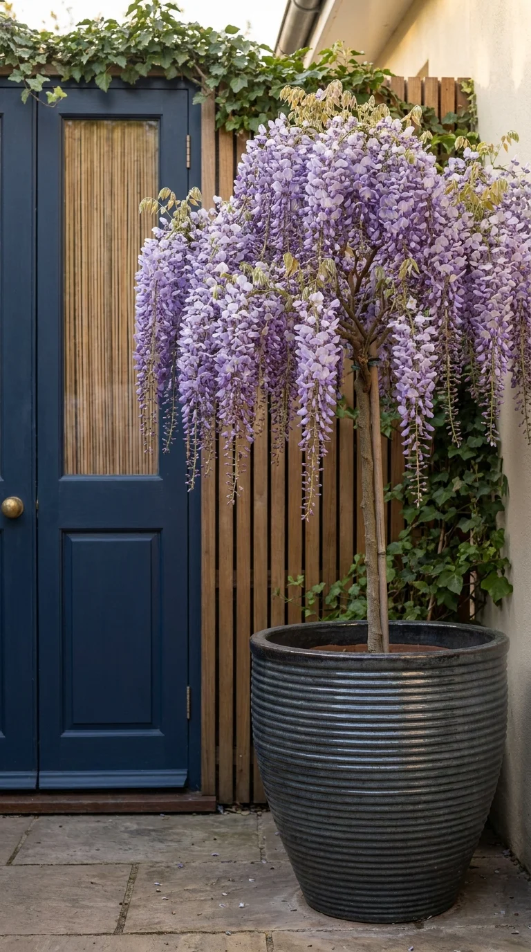 Potted flowering wisteria standard tree beside a navy blue front door