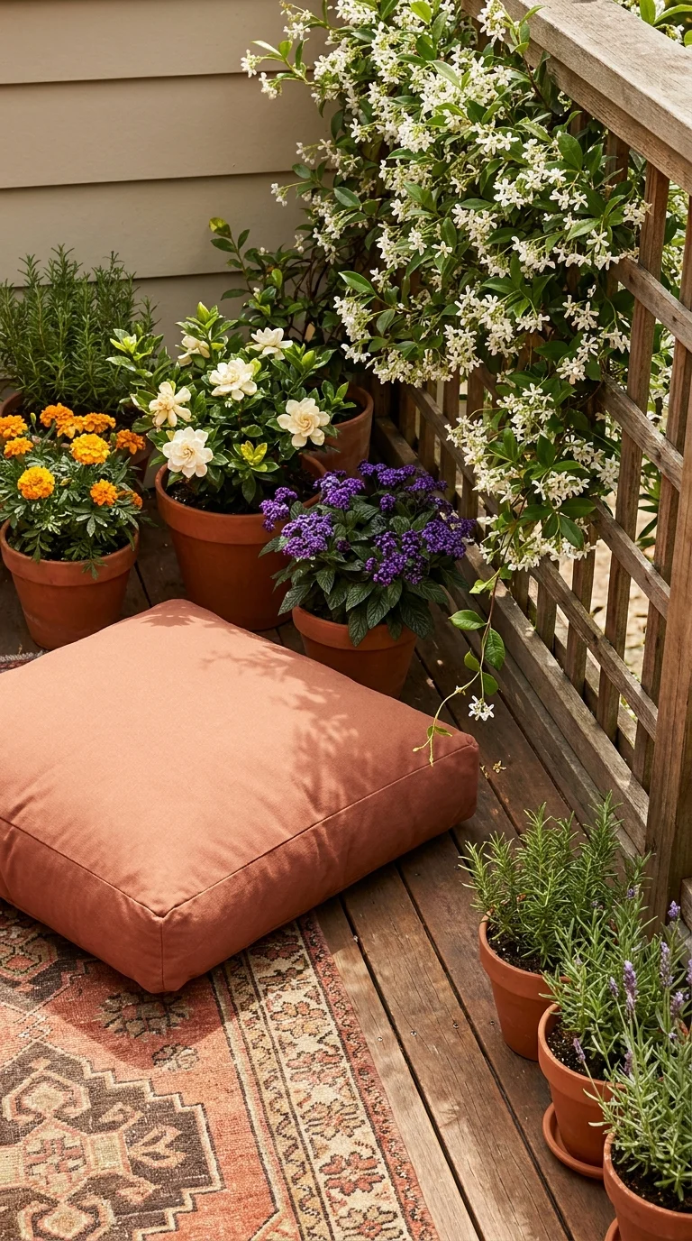 Terracotta pots with rosemary, gardenia, and marigold around a floor cushion