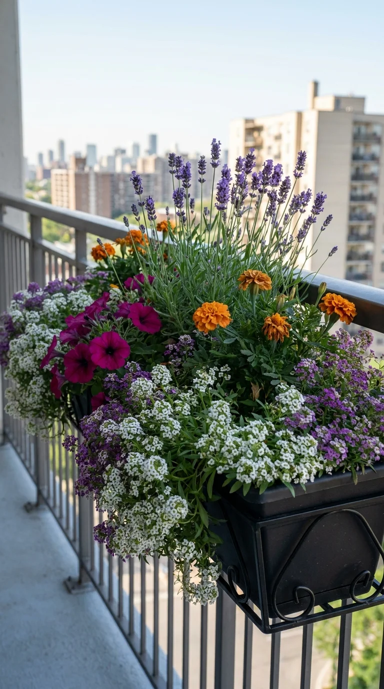 Balcony railing planter box overflowing with lavender, marigold, and petunia