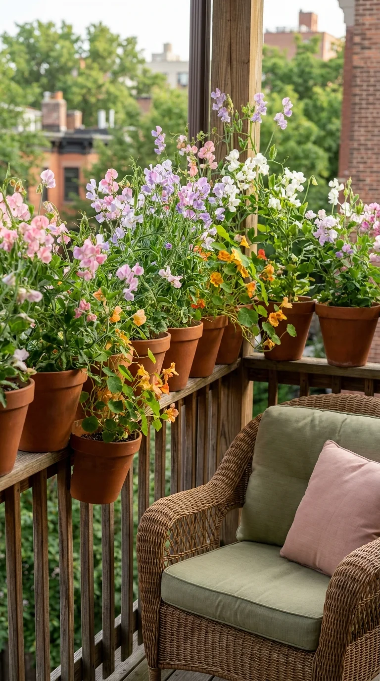 Terracotta pots of sweet peas and nasturtium lining a wooden balcony railing