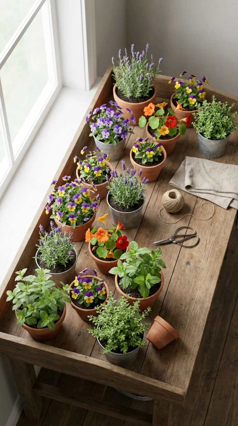 Small potted lavender, violas, mint, and thyme arranged on a wooden table