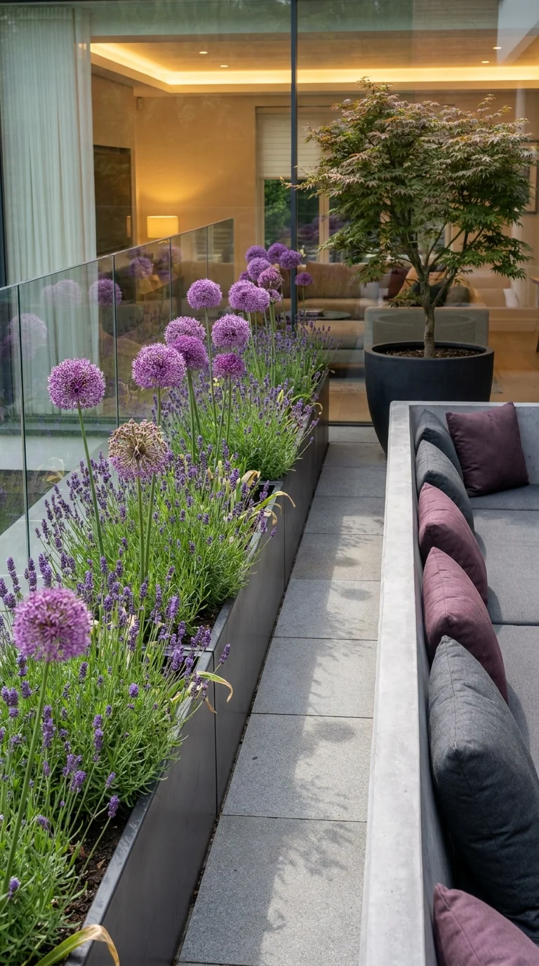 Modern rooftop lounge with built-in planters of lavender and allium blooms