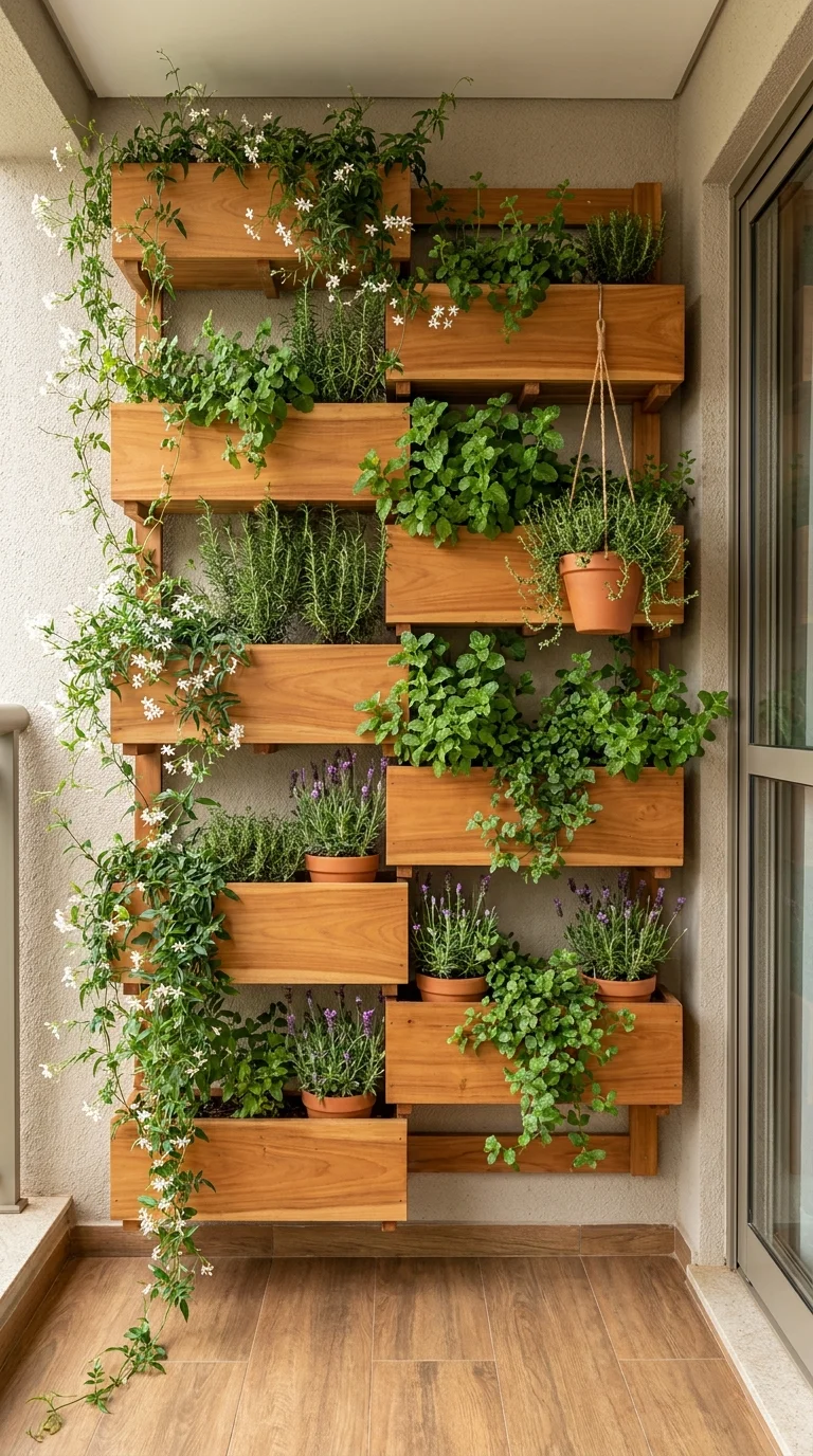 Vertical wall planter boxes filled with jasmine, rosemary, mint, and lavender