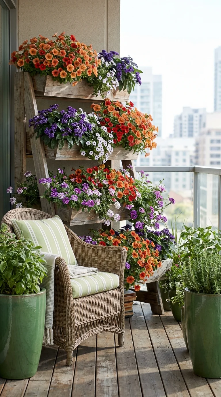 Tiered wooden shelf cascading with petunias, verbena, and lantana blooms