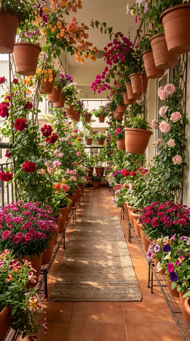 Long balcony corridor lined with hanging terracotta pots of climbing roses