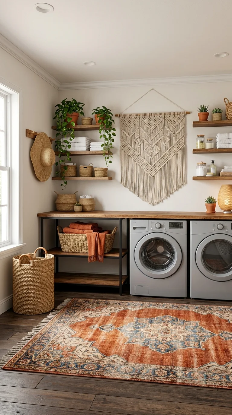 Boho laundry nook with a rust and blue medallion rug and rattan baskets
