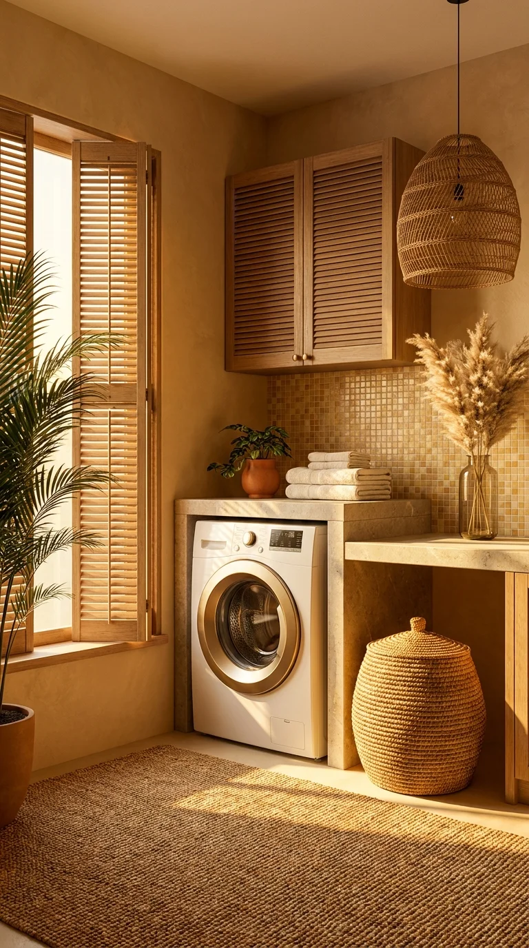 Golden-toned laundry corner with mosaic tile backsplash and woven pendant light