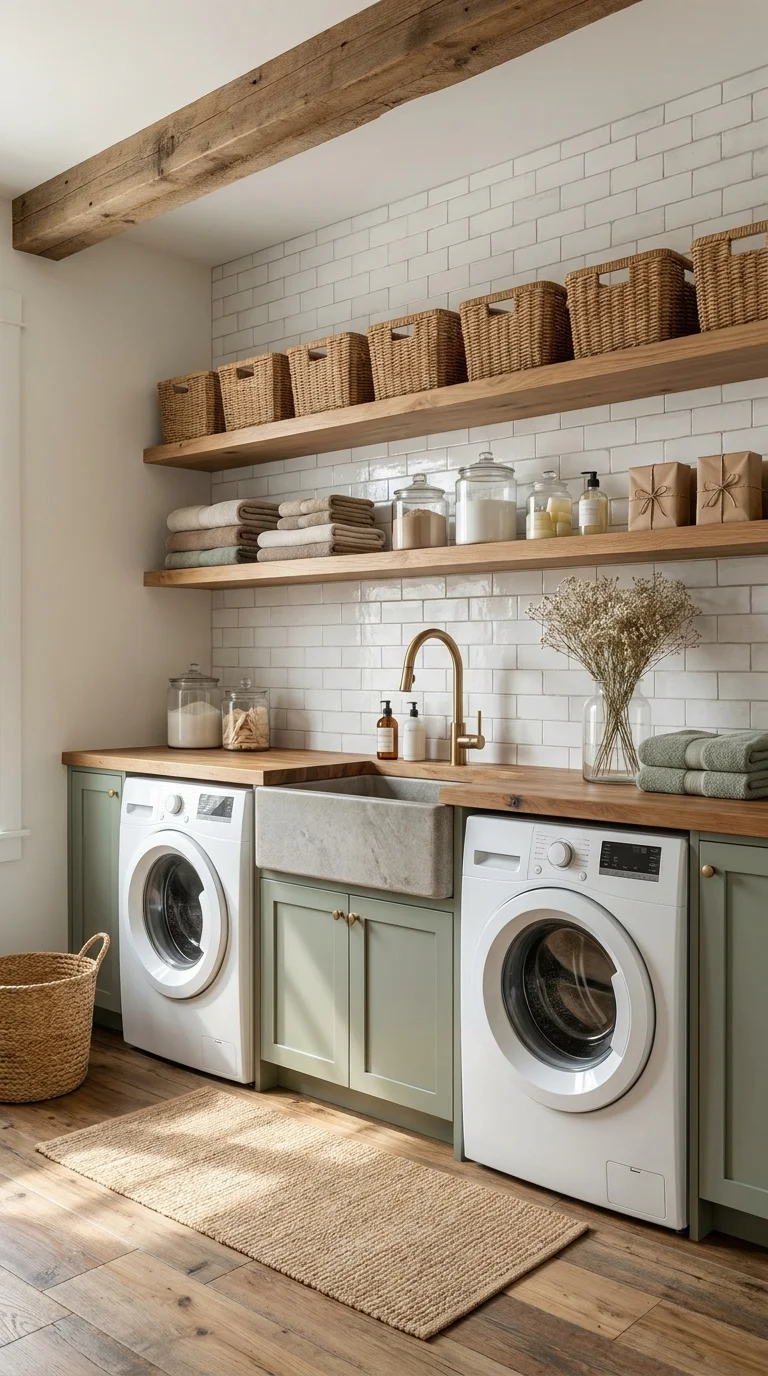 Farmhouse sink between two washers with sage green cabinets and subway tile