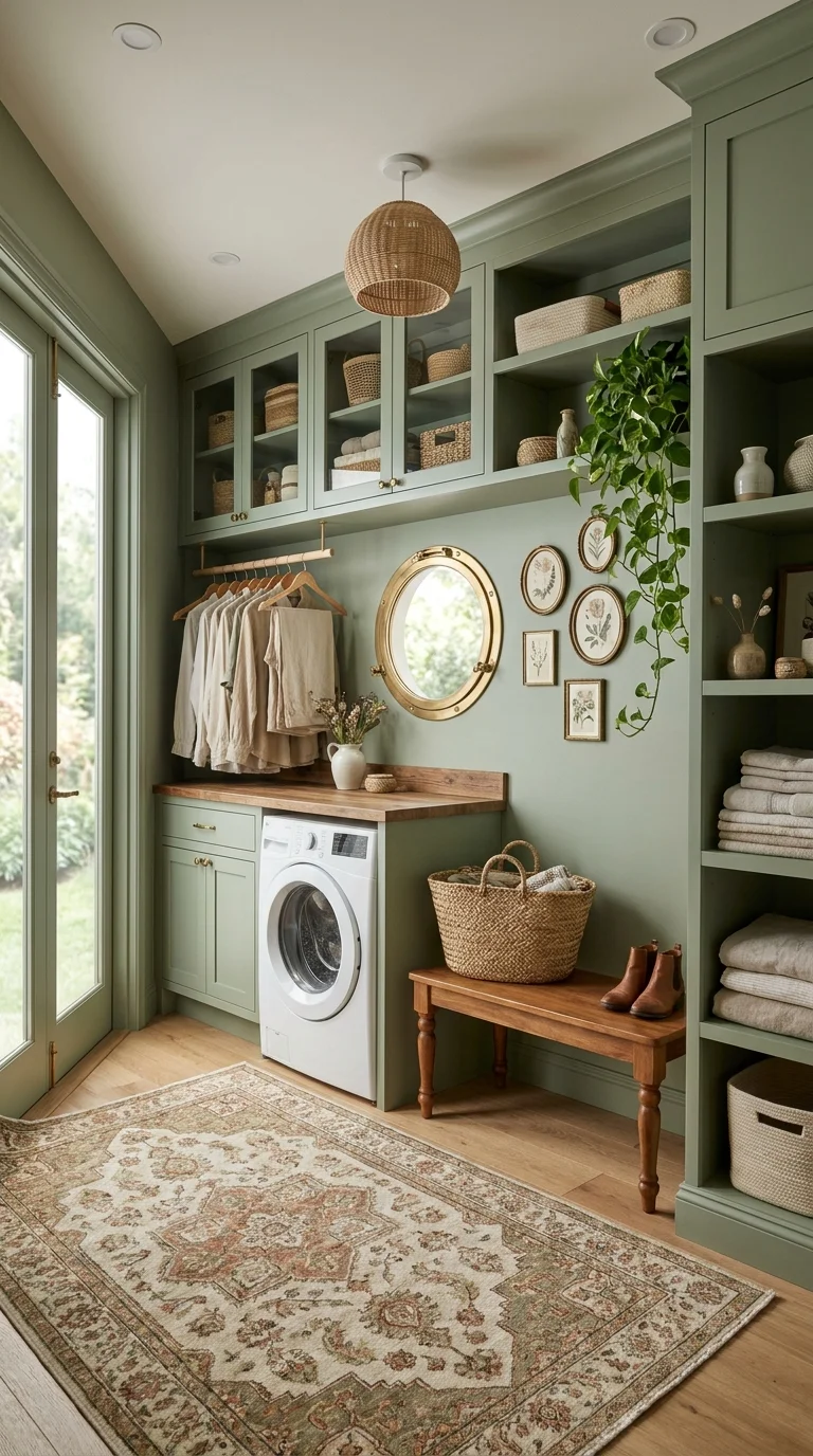 Sage-olive laundry cabinetry wall with a brass porthole mirror and gallery prints