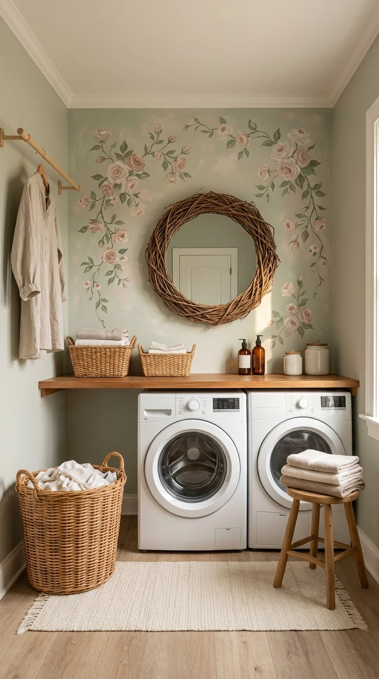 Pale sage laundry wall with hand-painted roses and a woven twig mirror