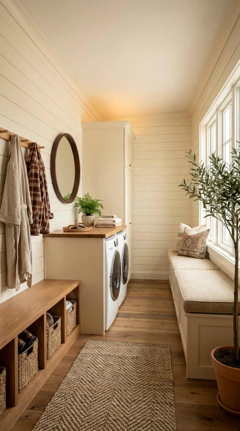 Built-in window bench beside stacked washers in a shiplap laundry hallway