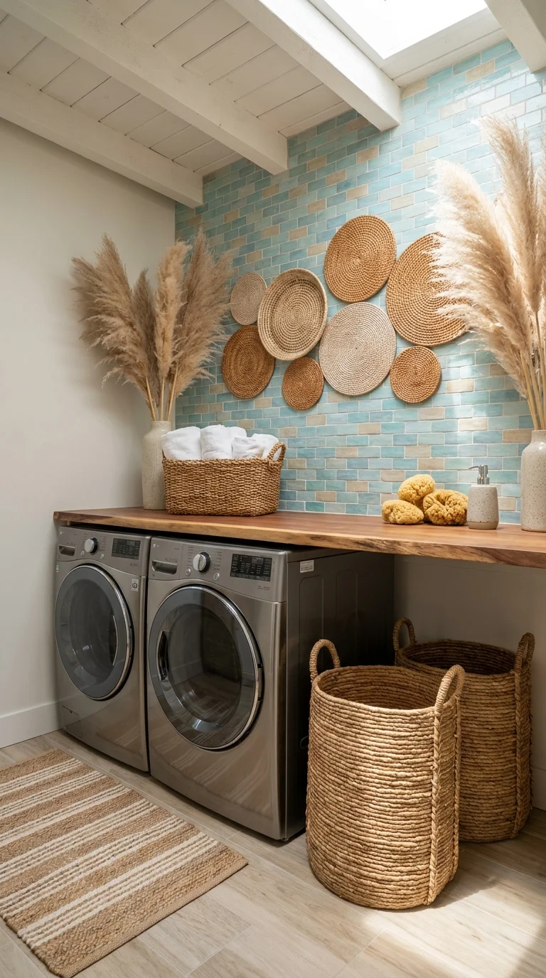 Blue-green zellige tile wall above washers with pampas grass and woven plates