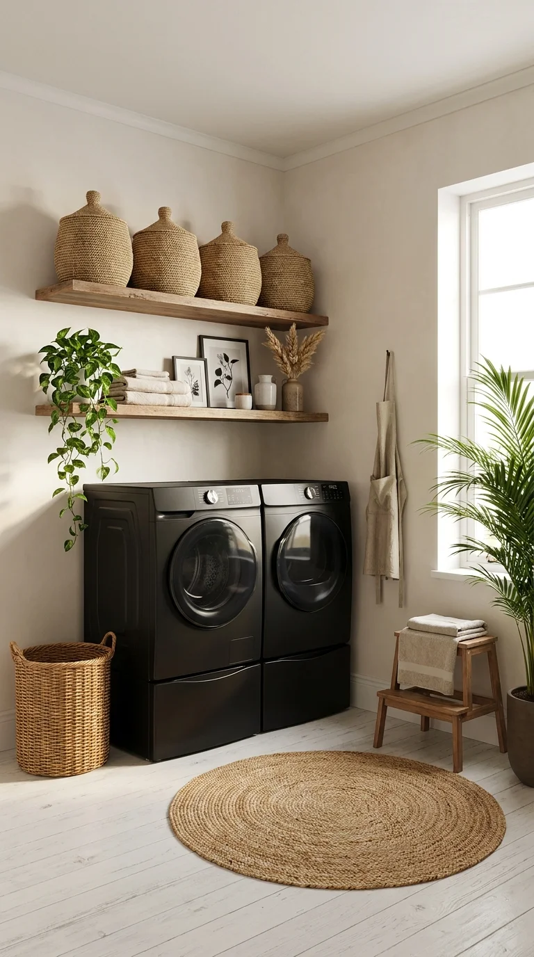 All-white laundry room with matte black washer and dryer for contrast